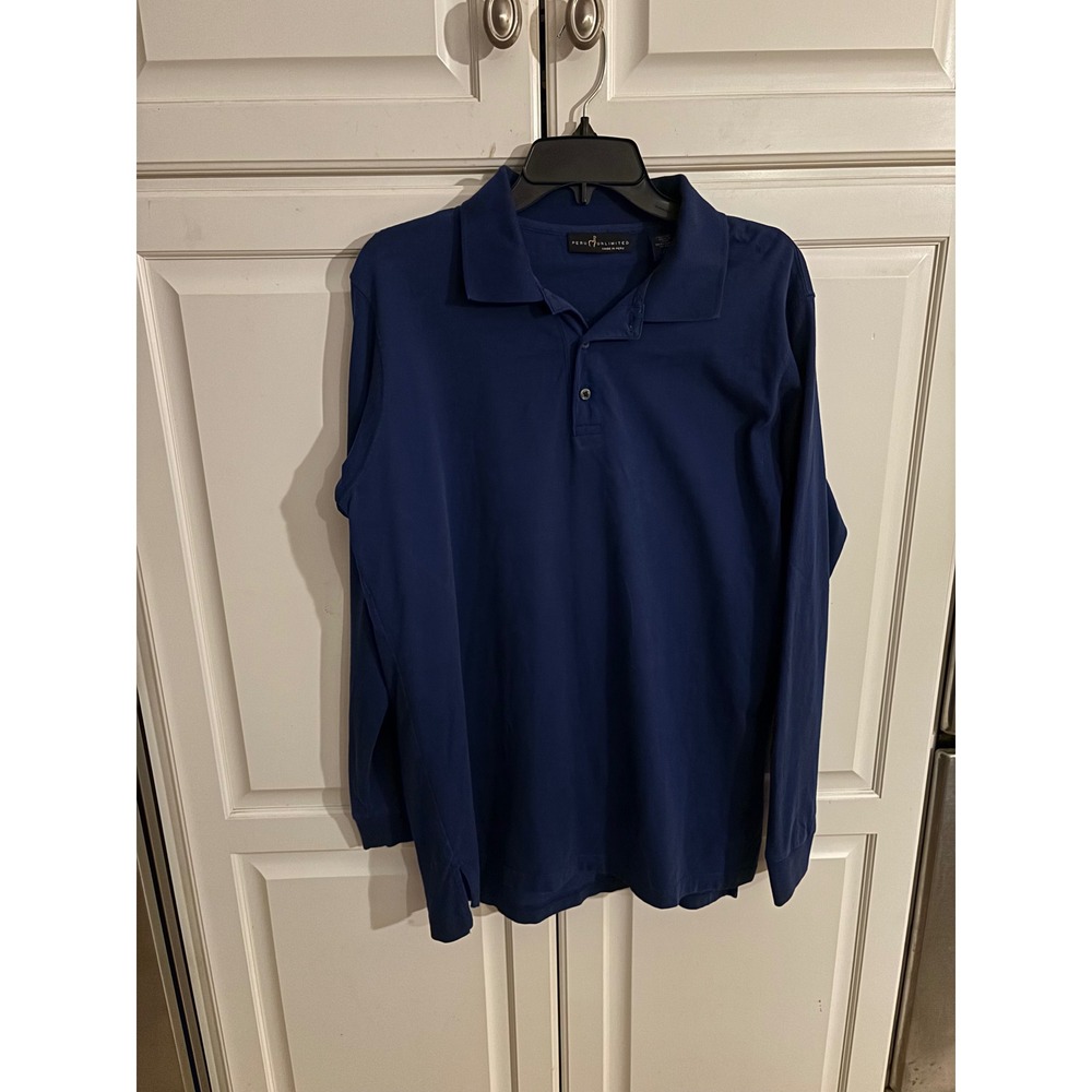 RU Unlimited Mens Long Sleeve Polo Shirt L Fima Cotton‎ Blue Casual Top